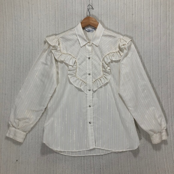 KARMAN White Gold Striped Ruffle Blouse Long Sleeve Button Up Shirt Size 15 16‎ - Picture 3 of 8